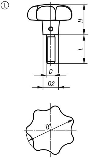 Empuñaduras en estrella similares a DIN 6336 de aluminio, forma L, con rosca exterior