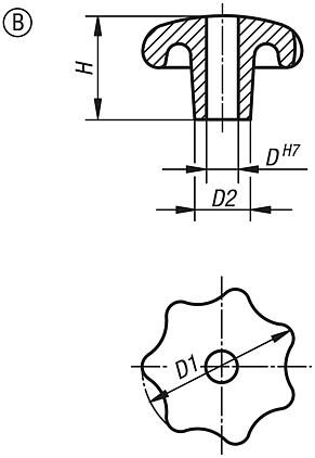 Boutons étoile en aluminium, similaires à DIN 6336, forme B, perçage traversant