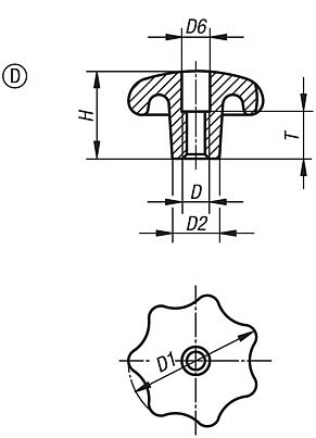 Boutons étoile en aluminium, similaires à DIN 6336, forme D, trou taraudé