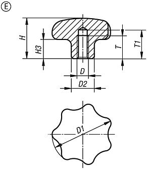 星形旋钮，类似 DIN 6336，不锈钢，E 型，螺纹盲孔