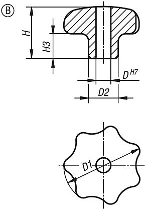 Boutons étoile en inox, similaires à DIN 6336, forme B, perçage traversant