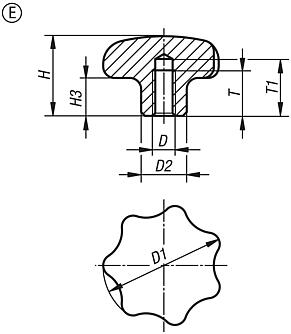 Boutons étoile en inox, similaires à DIN 6336, forme E, trou borgne taraudé