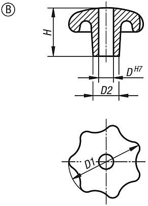 Boutons étoile en fonte grise, DIN 6336, forme B, perçage traversant
