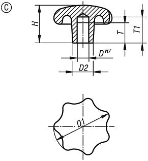 Boutons étoile DIN 6336 en fonte grise, forme C, trou borgne