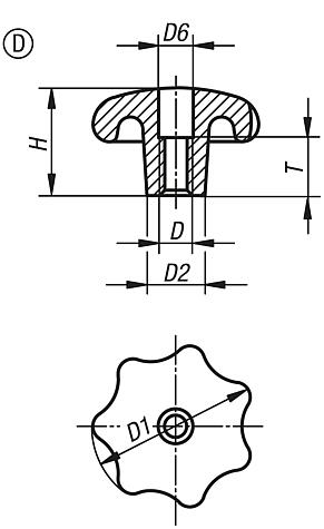 Boutons étoile en fonte grise, DIN 6336, forme D, trou taraudé