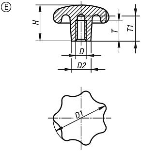 Bouton étoile DIN 6336 en fonte grise, forme E, trou borgne taraudé