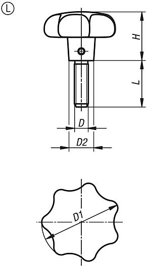Boutons étoile en fonte grise, DIN 6336, forme L, avec filetage