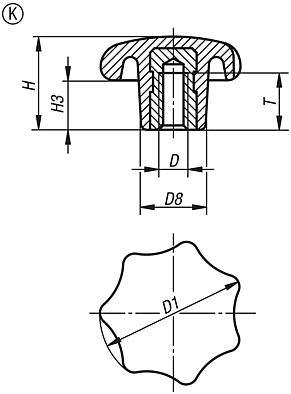 Star grips similar to DIN 6336, Form K with tapped bush