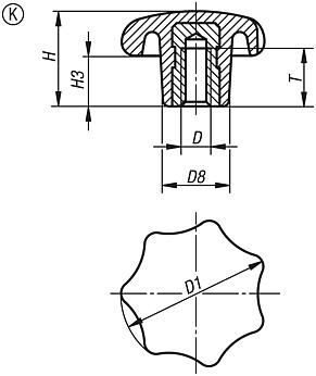 Bouton étoile similaire à DIN 6336, insert en inox, forme K avec insert taraudé