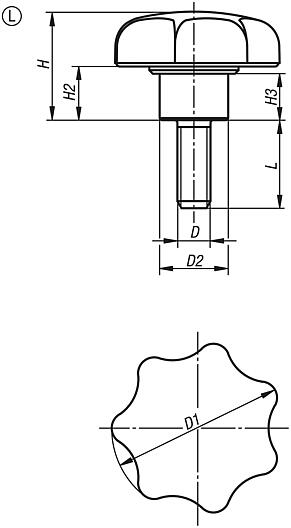 Bouton étoile, forme L, avec insert acier saillant avec filetage
