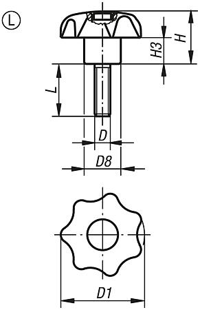 Bouton étoile en plastique avec insert en Inox similaire à DIN 6336, forme L