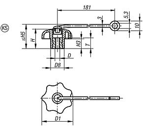 Star grips with safety cable similar to DIN 6336, internal thread, Form KS, inch