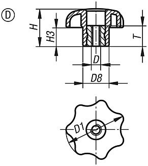 Star grips similar to DIN 6336, internal thread without cap, Form D