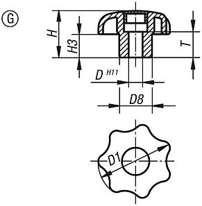 Bouton étoile similaire à DIN 6336, sans insert avec trou lisse, forme G