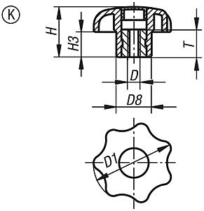 Bouton étoile similaire à DIN 6336, taraudage, avec pastille, forme K 