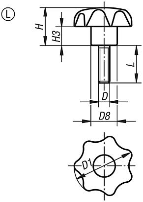 Bouton étoile similaire à DIN 6336, filetage, forme L 
