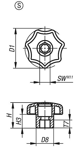 Boutons étoile conformes à la norme DIN 6336, hexagonaux, forme S