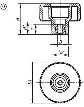 Volant moleté forme D, avec insert taraudé, sans pastille