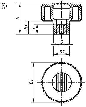 Knurled knobs, metal parts stainless steel, Form K, with tapped bush, with cap