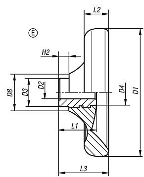 Disc handwheels without grip, steel bush, Form E, with reamed hole