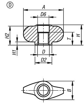 Wing grips "Miniwing", stainless steel, Form D, thread bored out