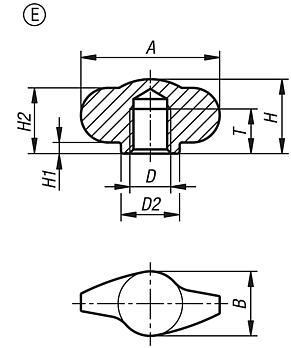 Galletti "Miniwing" in acciaio inox, forma E, foro cieco filettato - inch