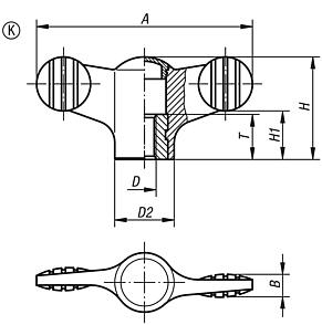 Wing grips, plastic with cap, threaded inserts steel or stainless steel, with internal thread