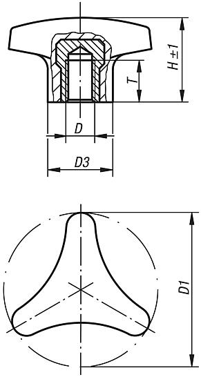 Empuñaduras de estrella de tres picos con collar elevado, rosca interior