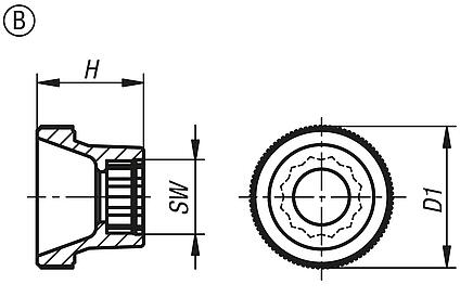 Tête moletée pour vis à tête hexagonale, forme B
