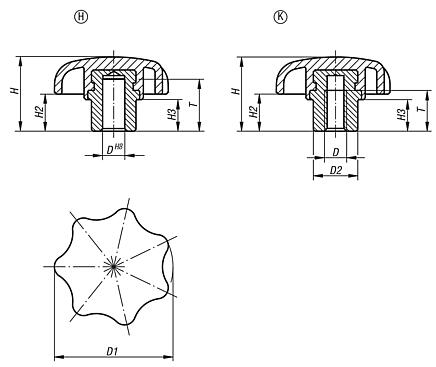 Star grips with projecting steel bush, inch