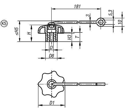 Star grips with safety cable 
similar to DIN 6336, steel parts stainless steel, internal thread, Form KS