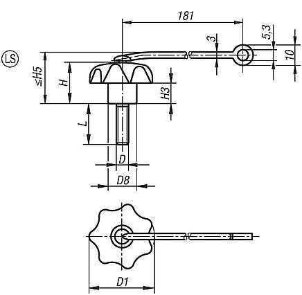 Bouton étoile avec attache de sécurité
similaire à DIN 6336, acier Inox, filetage, forme LS