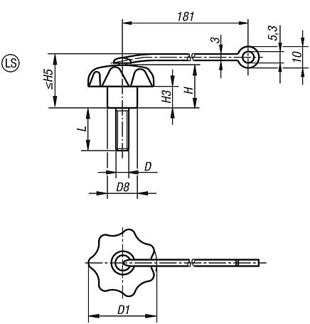 Star grips with safety cable similar to DIN 6336, external thread, Form LS