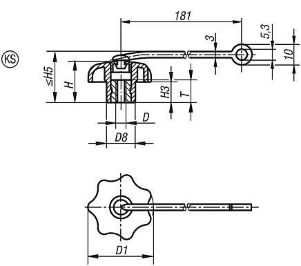 Bouton étoile avec attache de sécurité similaire à DIN 6336, taraudage, forme KS 