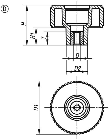 Volant moleté, insert en Inox, forme D, avec insert taraudé, sans pastille, pouces