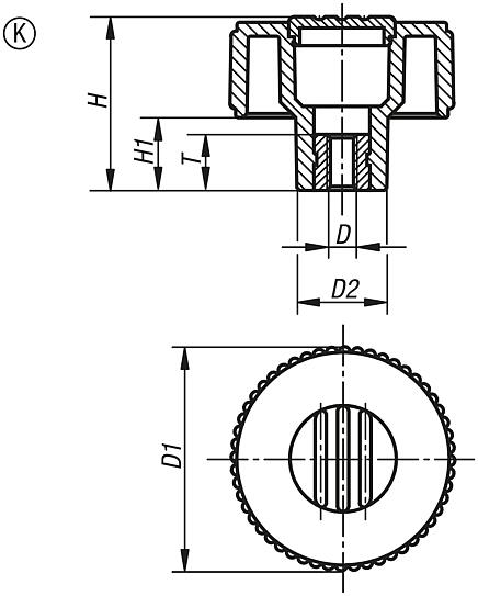 Rotelle zigrinate, parti metalliche in acciaio inox, Forma K, con boccola filettata, con coperchio - inch
