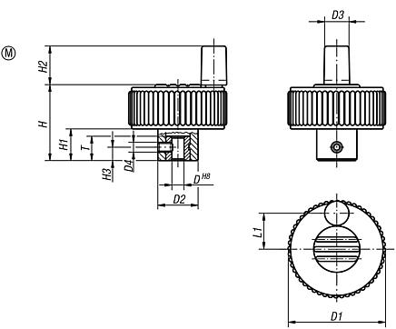 Knurled knobs with grip, Form M, with cross hole and grub screw, inch