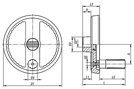 2-spoke handwheels, aluminium, with revolving cylinder grip, Form C with reamed hole and keyway