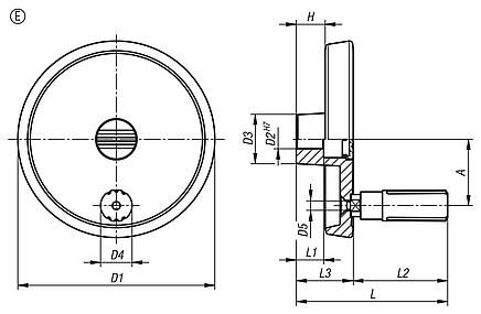 Disc handwheels, aluminium with revolving cylindrical grip, Form E with reamed hole