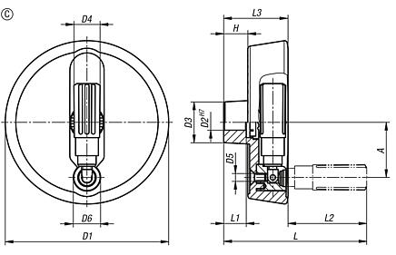 Disc handwheels, aluminium with fold-down cylindrical grip, Form C with reamed hole and keyway