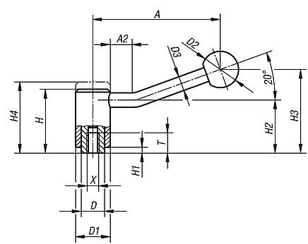 Tension levers in stainless steel with internal thread, 20 degrees