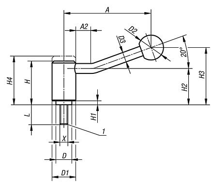 Tension levers in stainless steel with external thread, 20 degrees