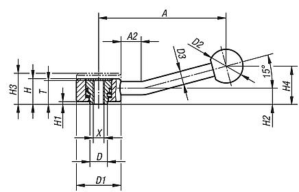 Palanca de sujeción plana con rosca interior, 15 grados - inch