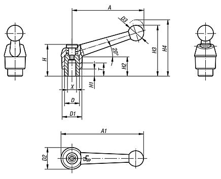 Clamping levers internal thread, inch