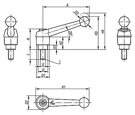 Clamping levers, die-cast zinc with external thread, black and silver, threaded insert stainless steel, inch