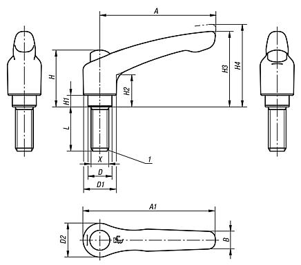 Manette indexable Inox avec bouchon de protection avec insert fileté, pouces