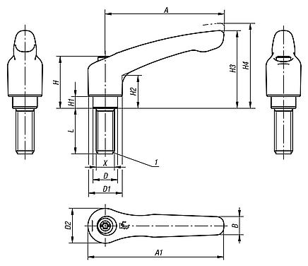 Leva di serraggio in zinco pressofuso con filettatura esterna, finitura satinata, inserto filettato in acciaio brunito - inch