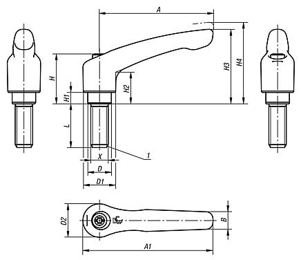 Leva di serraggio in zinco pressofuso con filettatura esterna, finitura satinata, inserto filettato in acciaio inox - inch