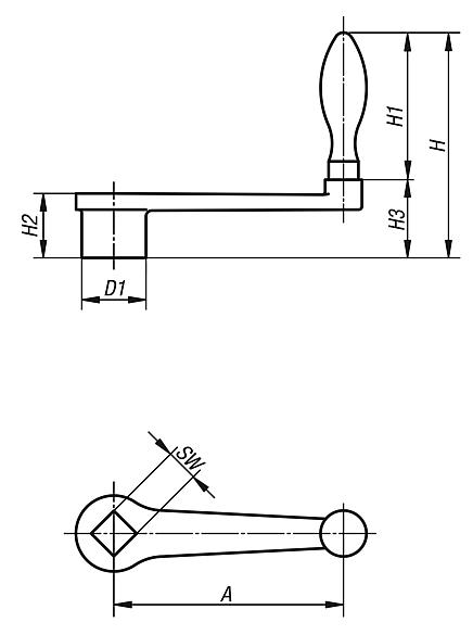 Crank handles straight similar to DIN 469, Form D, with revolving grip