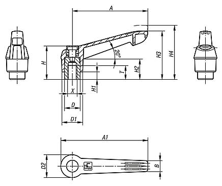 Clamping levers, plastic with internal thread and push button, threaded insert black oxidised steel